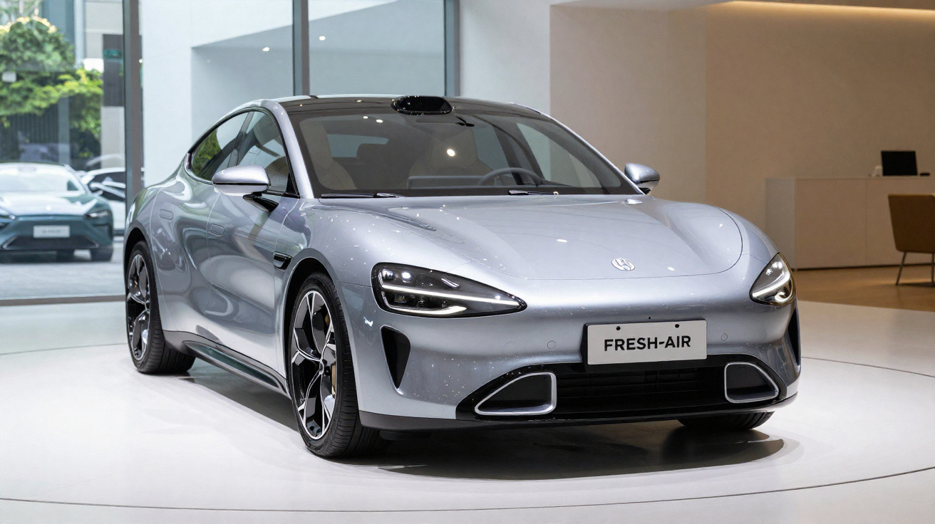 Silver electric sports car on display in a showroom with "FRESH-AIR" licence plate visible.