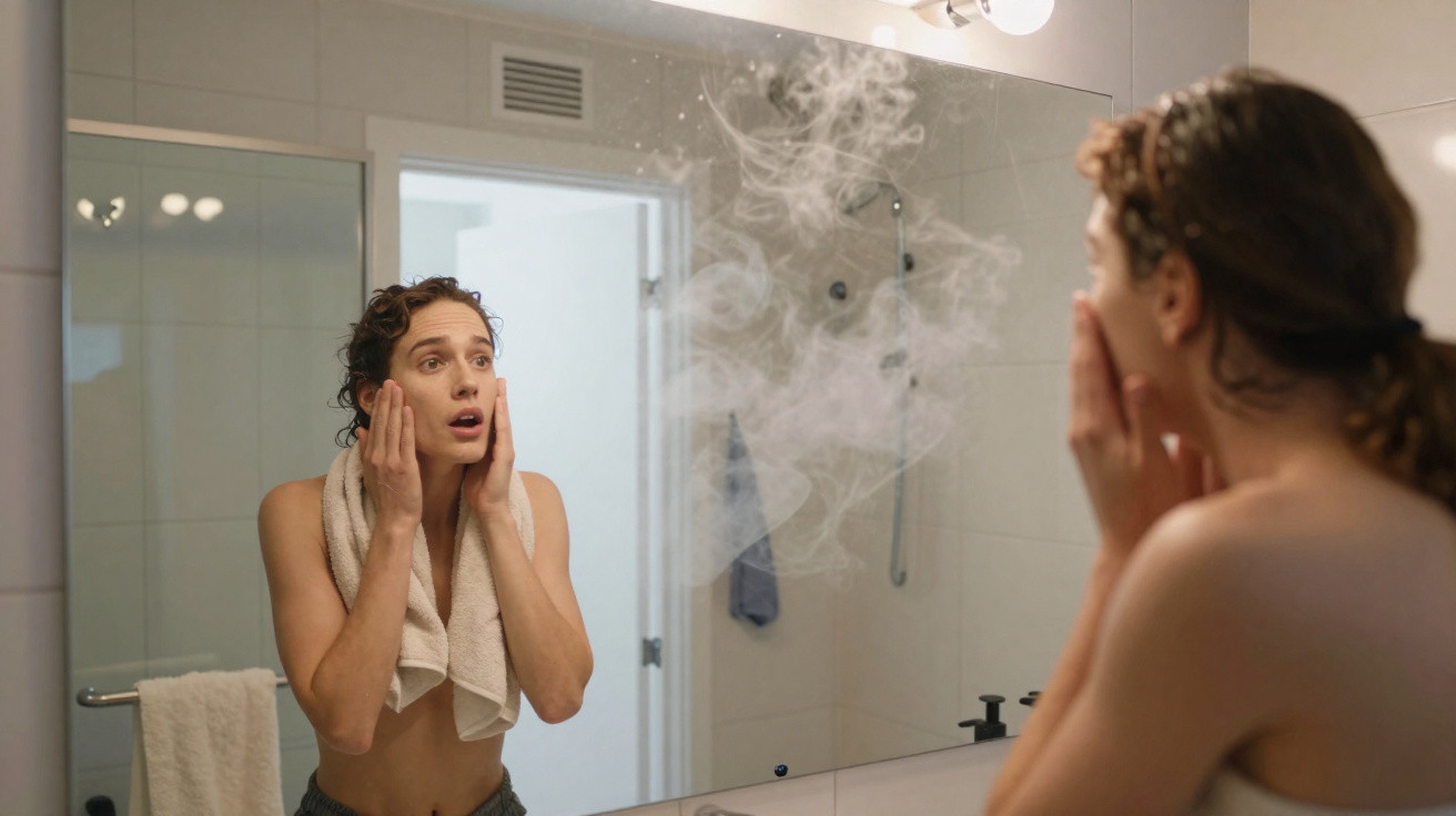 Young woman with a towel around her neck looking surprised at her steamy reflection in a bathroom mirror.