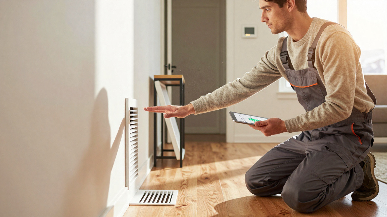 Technician in overalls kneeling indoors checking a wall vent while holding a digital tablet.