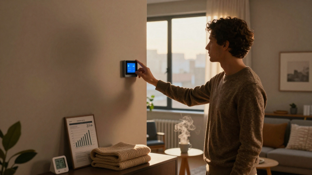 Man adjusting a smart thermostat on the wall in a warmly lit living room at sunset.