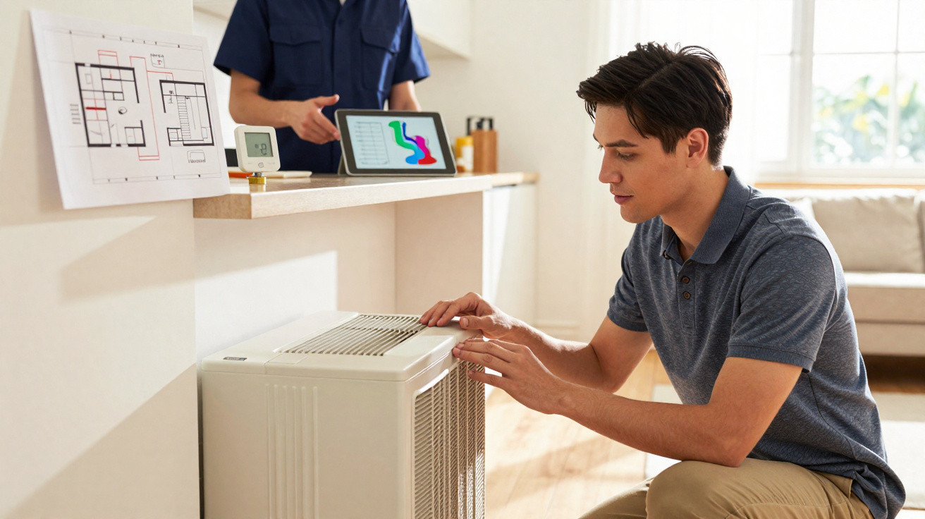 Man inspecting a white air purifier indoors with a technician and floor plans in the background.