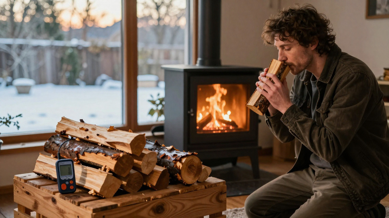 Man smelling firewood inside a cosy room with a burning stove and snowy garden visible through large windows.