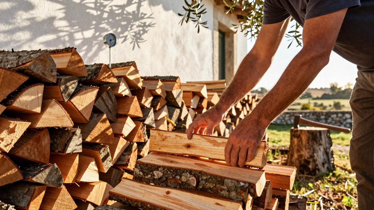 Person stacking split firewood logs outdoors near a white wall in sunny weather.