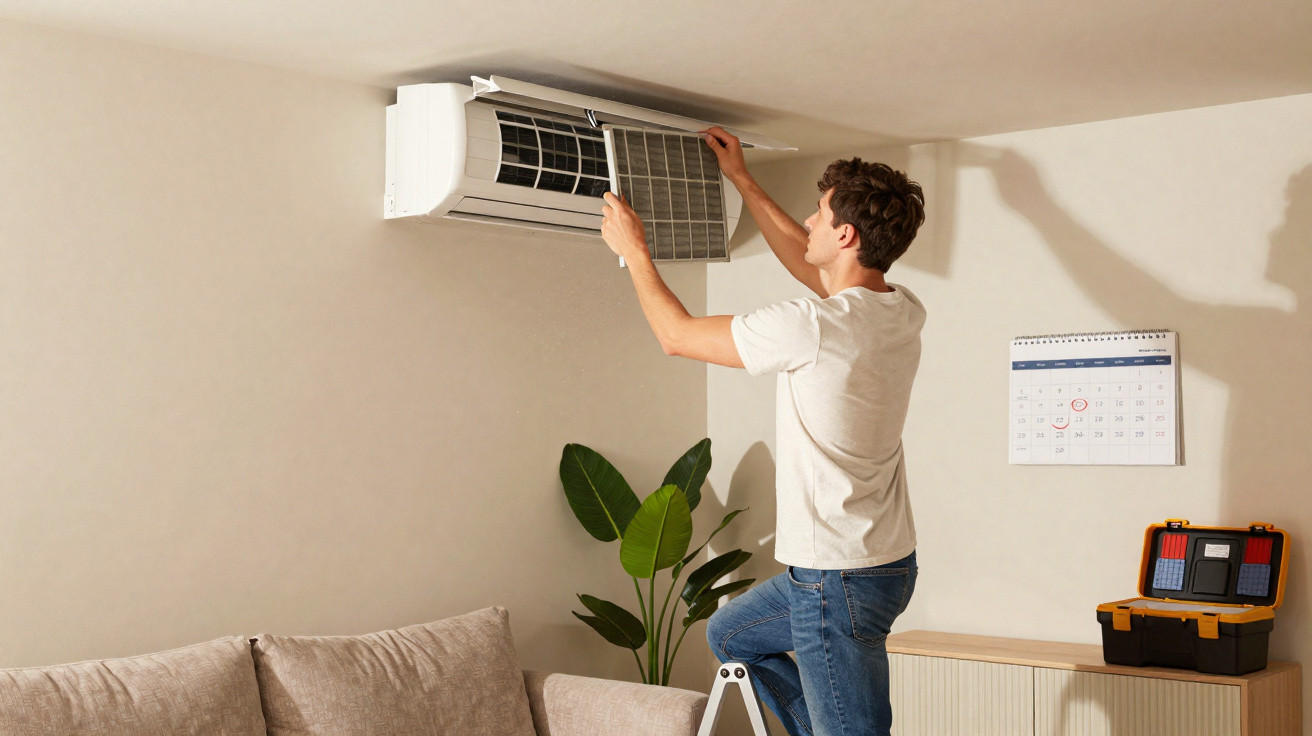 Man standing on ladder cleaning an air conditioner unit mounted on a wall in a living room.