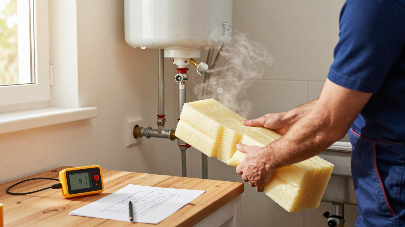 Person holding steaming insulation material near boiler and temperature gauge on wooden table with plans.