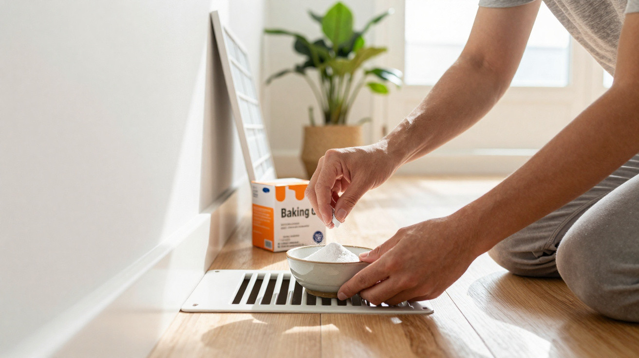 Person sprinkling baking soda into a bowl placed on a floor air vent in a bright room.