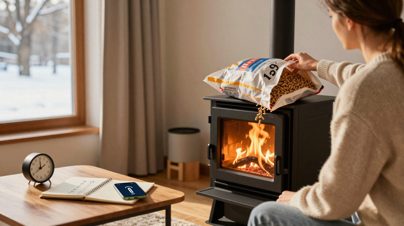 Person pouring wood pellets into a small stove in a cosy room with a wooden table and window.