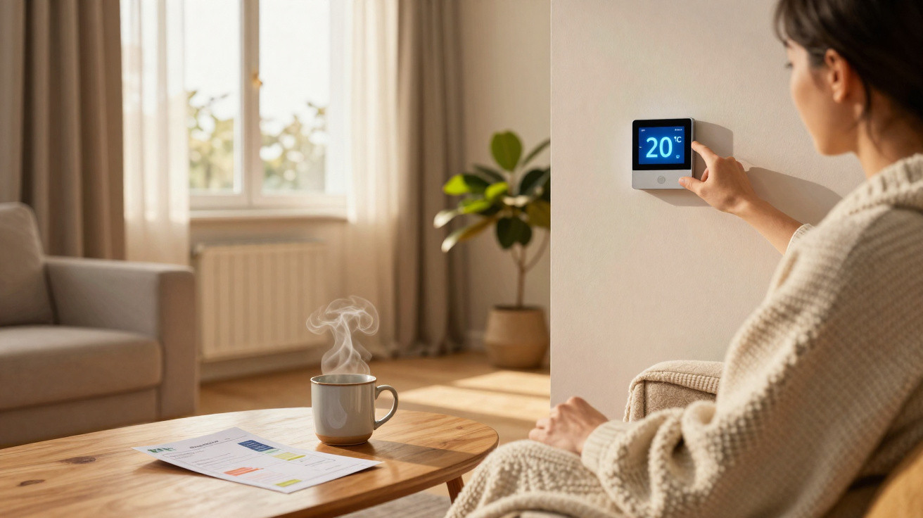 Person adjusting a smart thermostat to 20°C in a cosy living room with a steaming mug on the table.
