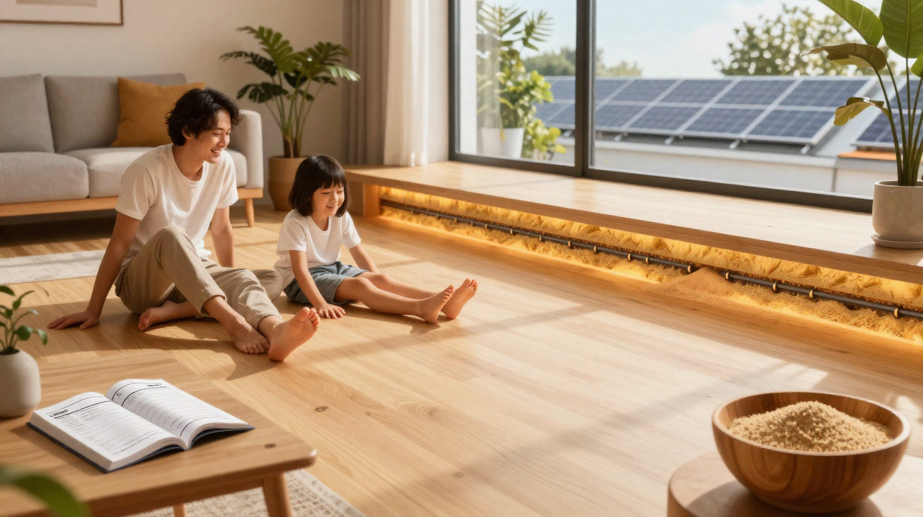 Young man and child sitting barefoot on a sunlit wooden floor by a large window in a modern living room.