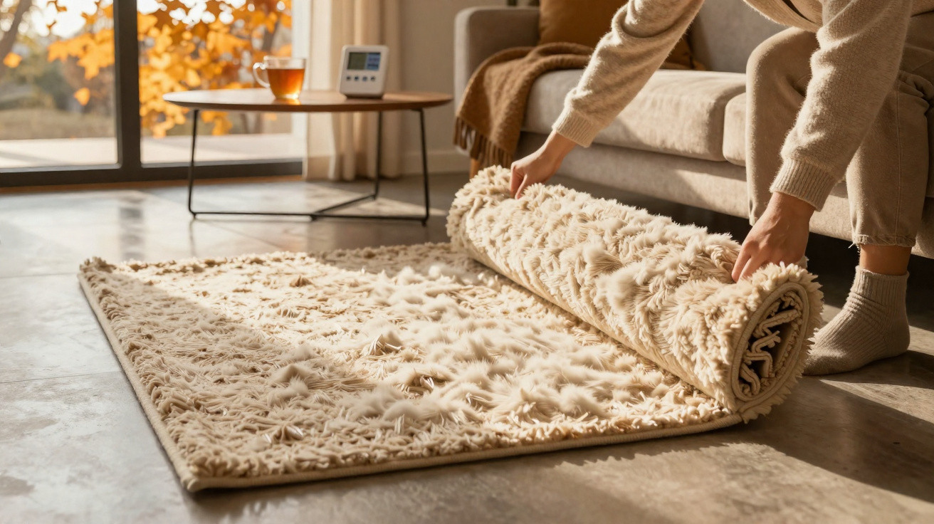 Person rolling out a fluffy beige rug in a sunlit living room with autumn leaves visible outside.