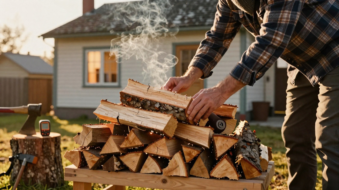 Person stacking smoking firewood on a wooden table outdoors near a house at sunset