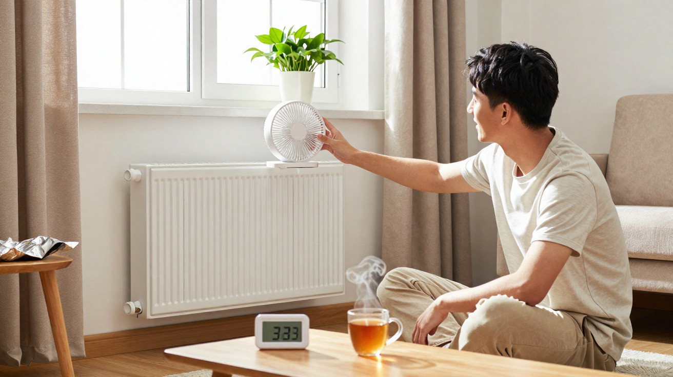 Man sitting on floor adjusting small fan on radiator beneath window in bright living room with tea and clock on table.