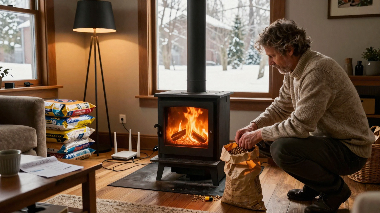 Man in a sweater adding wood chips to a lit wood-burning stove in a cosy living room with snow outside.
