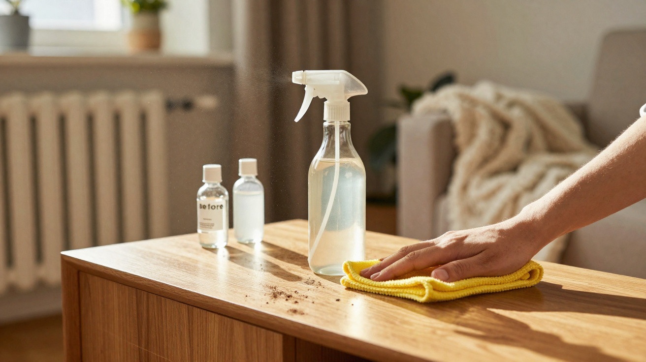 Hand cleaning a wooden table with a yellow cloth and spray bottle in a sunlit living room.