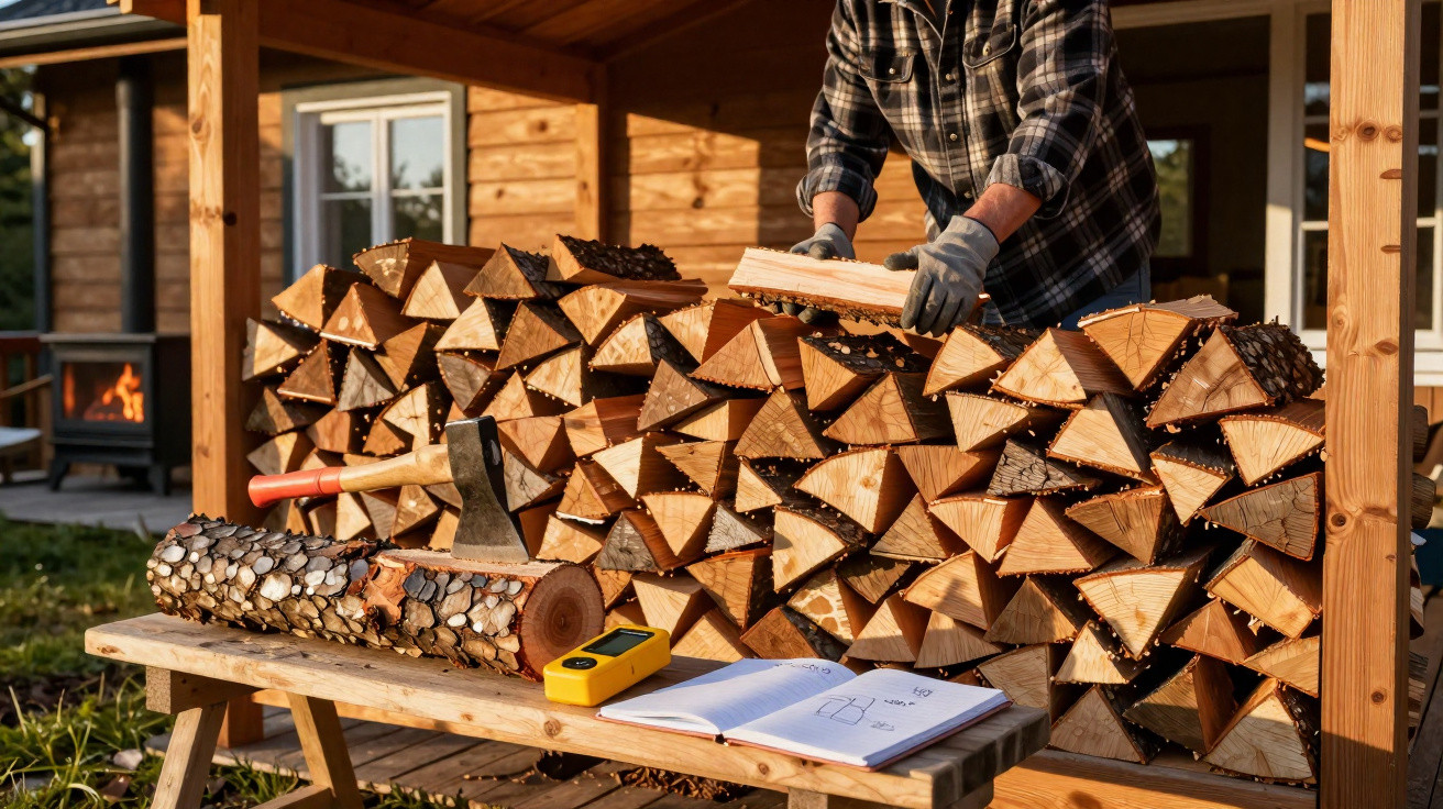 Person stacking neatly cut firewood under a wooden shelter beside a cabin with a log, axe, notebook and device on a bench.
