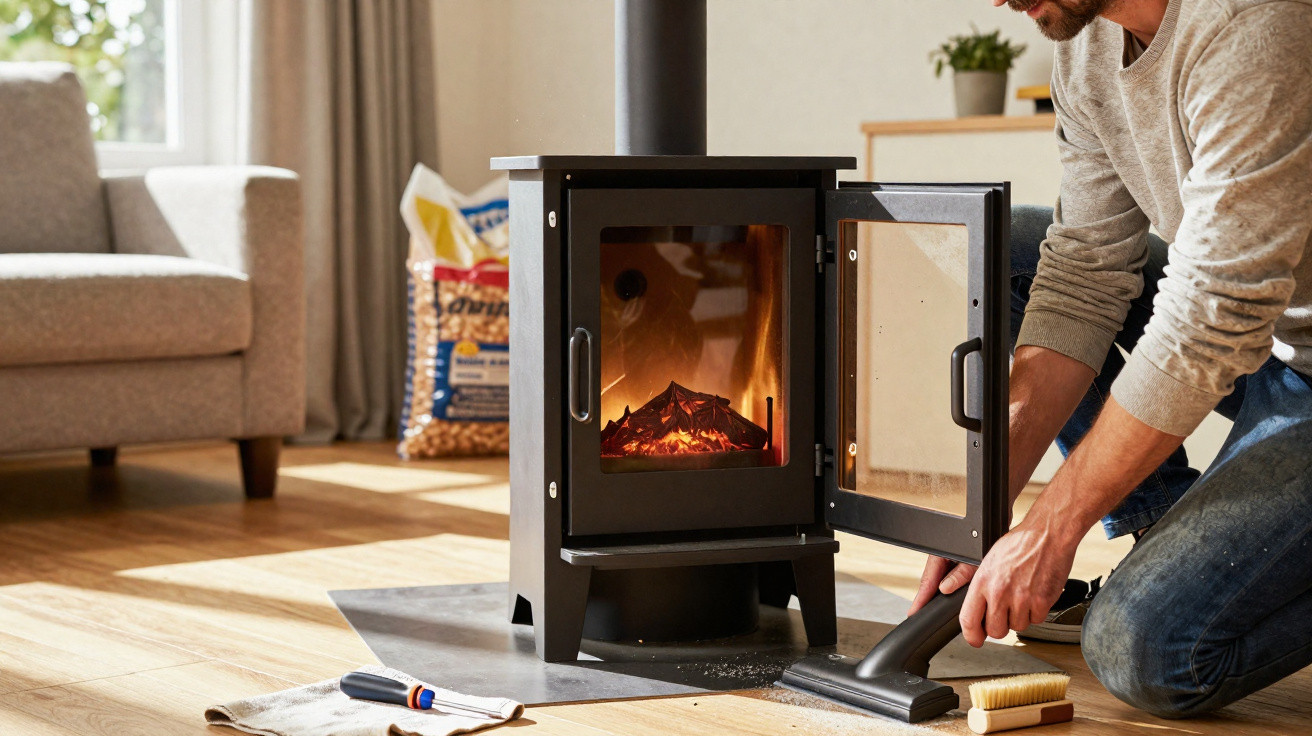 Man cleaning ash from a small black wood-burning stove in a cozy living room with wooden floor.