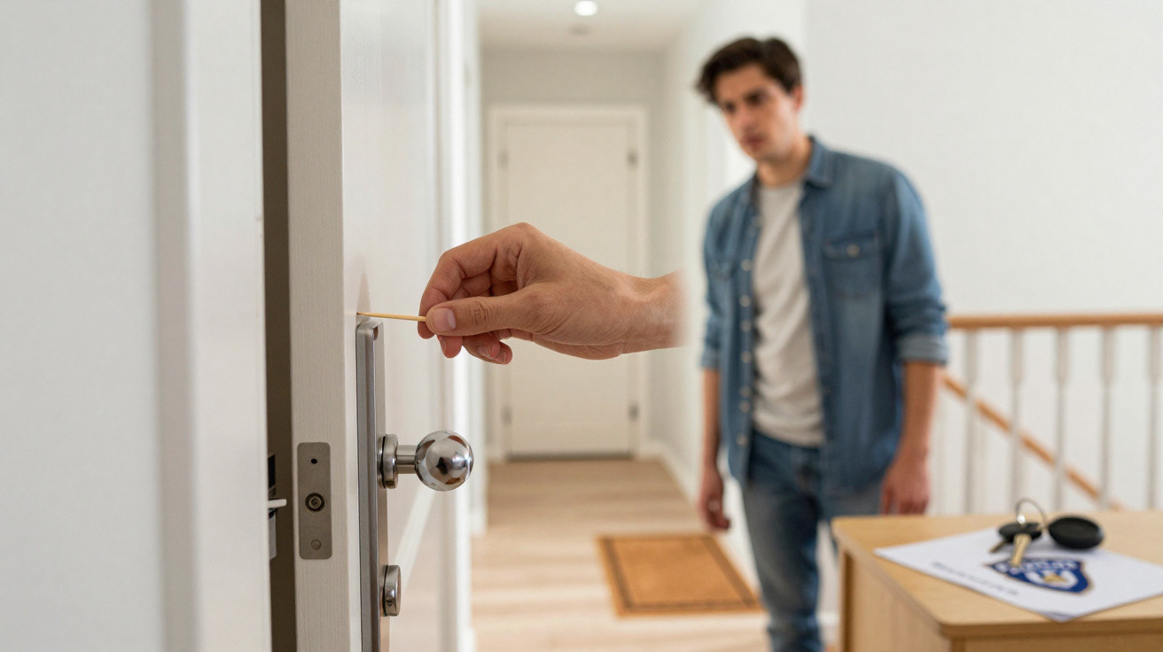 Person using a wooden pick to unlock a door with a man standing in the background in a home hallway.