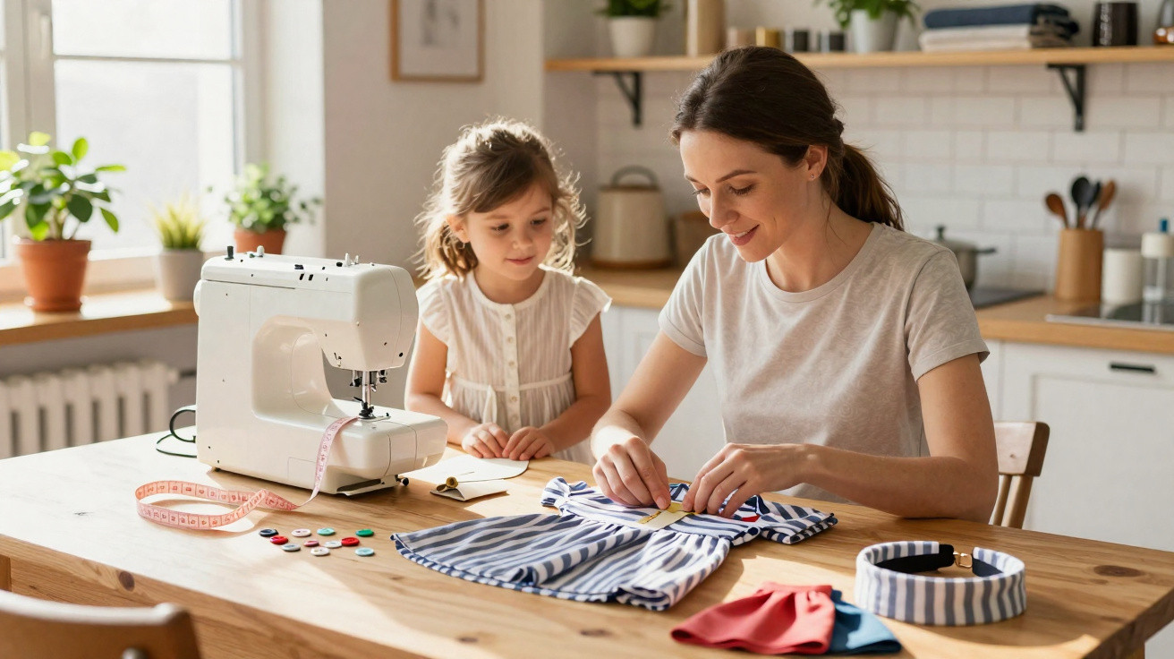 Woman and young girl sewing a striped dress at a wooden table with a sewing machine and fabric accessories nearby.