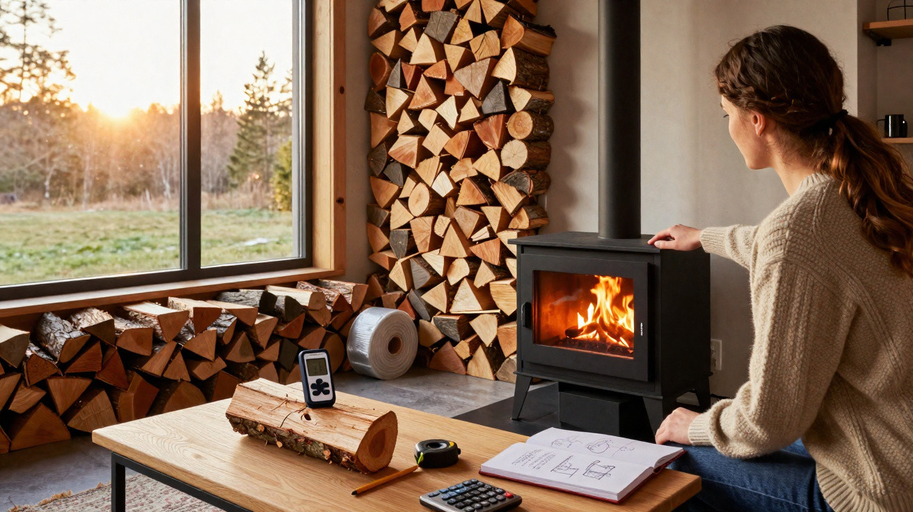 Woman warming hands by a wood stove in a cozy room with stacked firewood and a scenic window view at sunset.