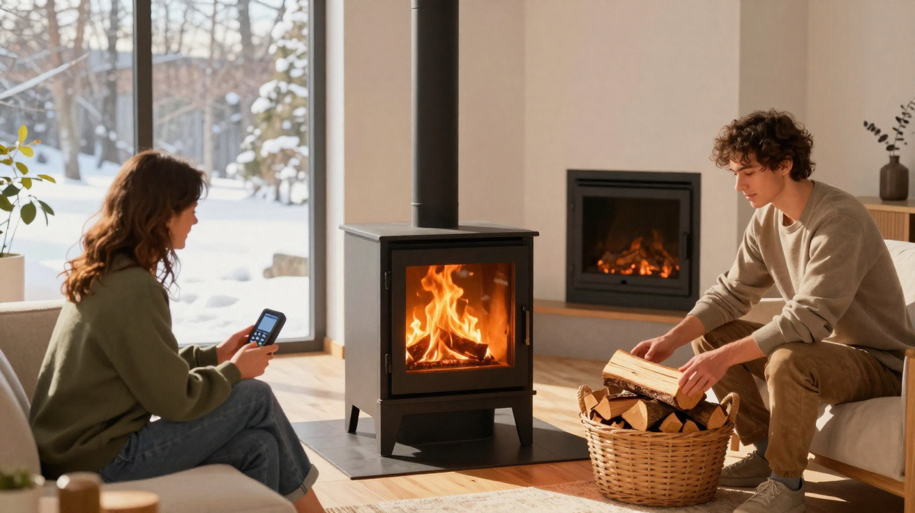 Two people sitting by a wood-burning stove in a cosy living room with snow outside the window.