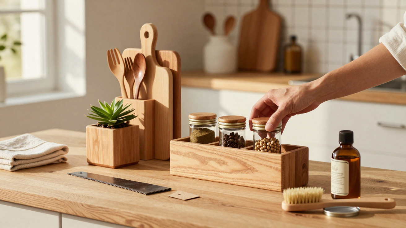 Hand arranging spice jars on a wooden kitchen countertop with utensils, plant, and cleaning brush nearby.