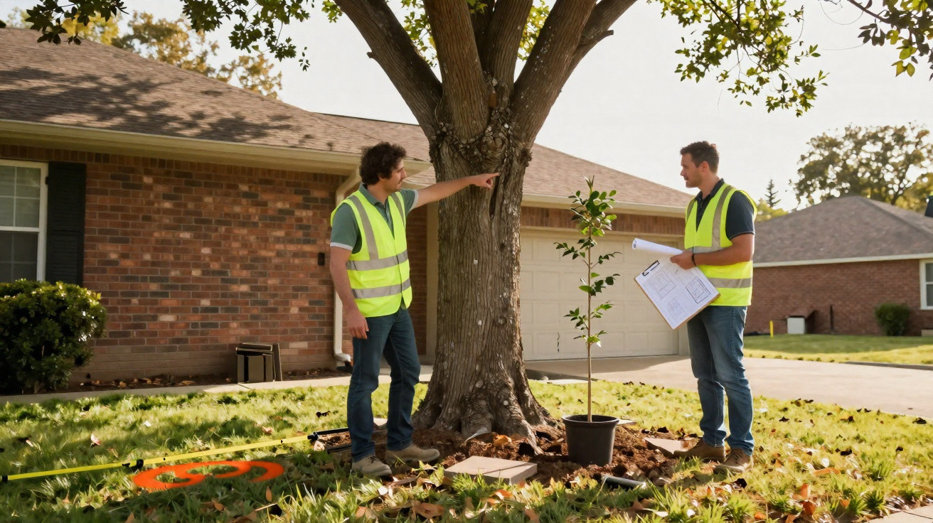 Two men in high-visibility vests inspecting a large tree and small sapling in a residential garden.
