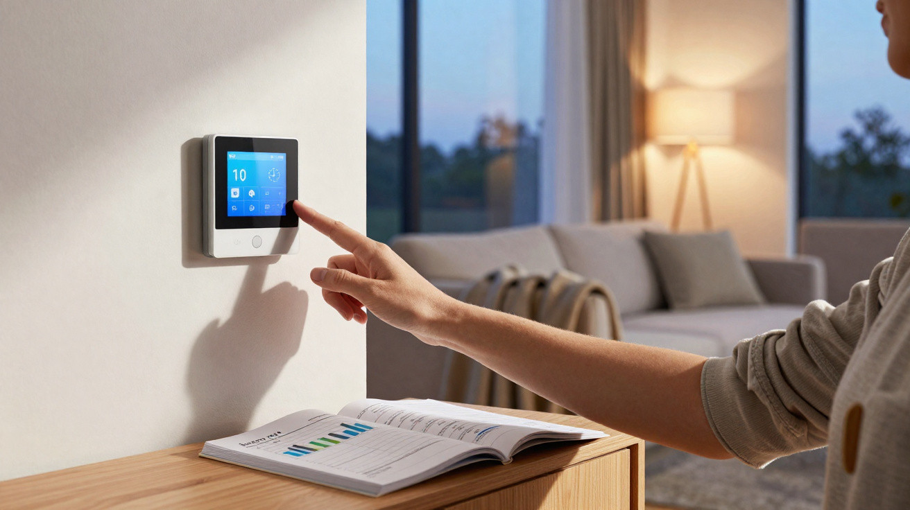 Person adjusting a digital thermostat on a wall in a modern living room with an open book on a wooden table.