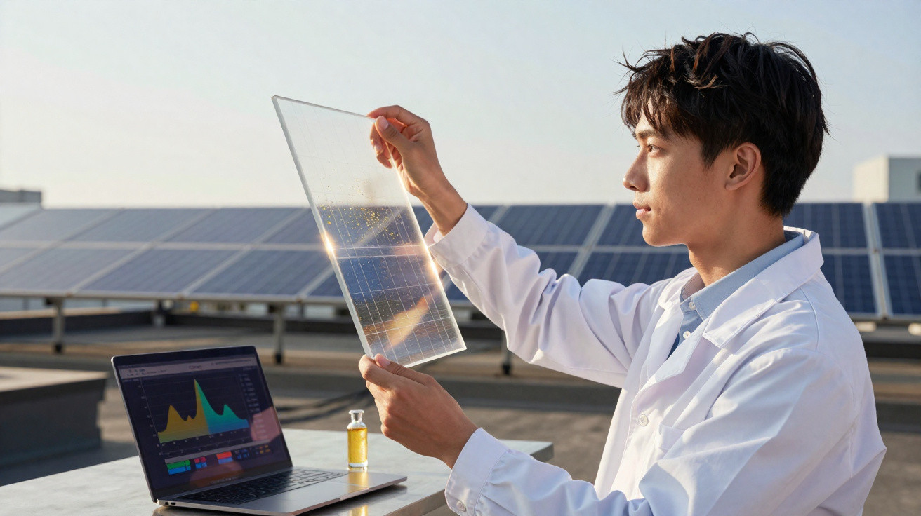 Scientist in a lab coat examining a transparent solar panel with solar panels and a laptop on a rooftop.