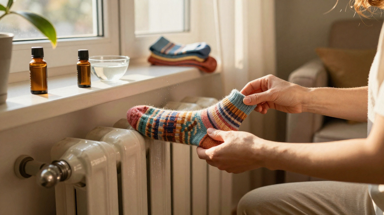 Person drying a colourful woollen sock on a radiator near a window with essential oil bottles nearby.