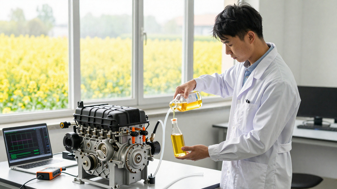 Scientist in lab coat pouring yellow liquid into bottle near engine and laptop in bright lab room.