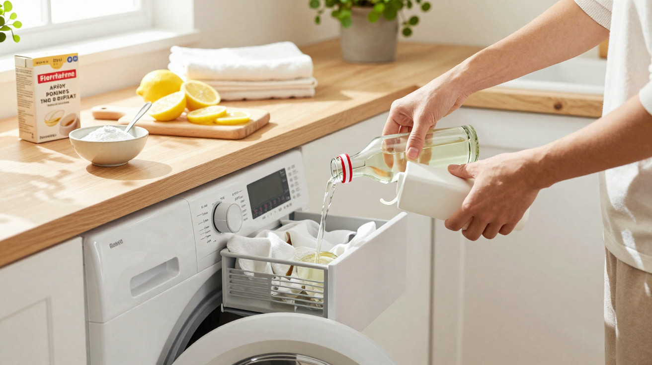 Person pouring liquid into a washing machine drawer with lemons, baking soda, and detergent on the counter.