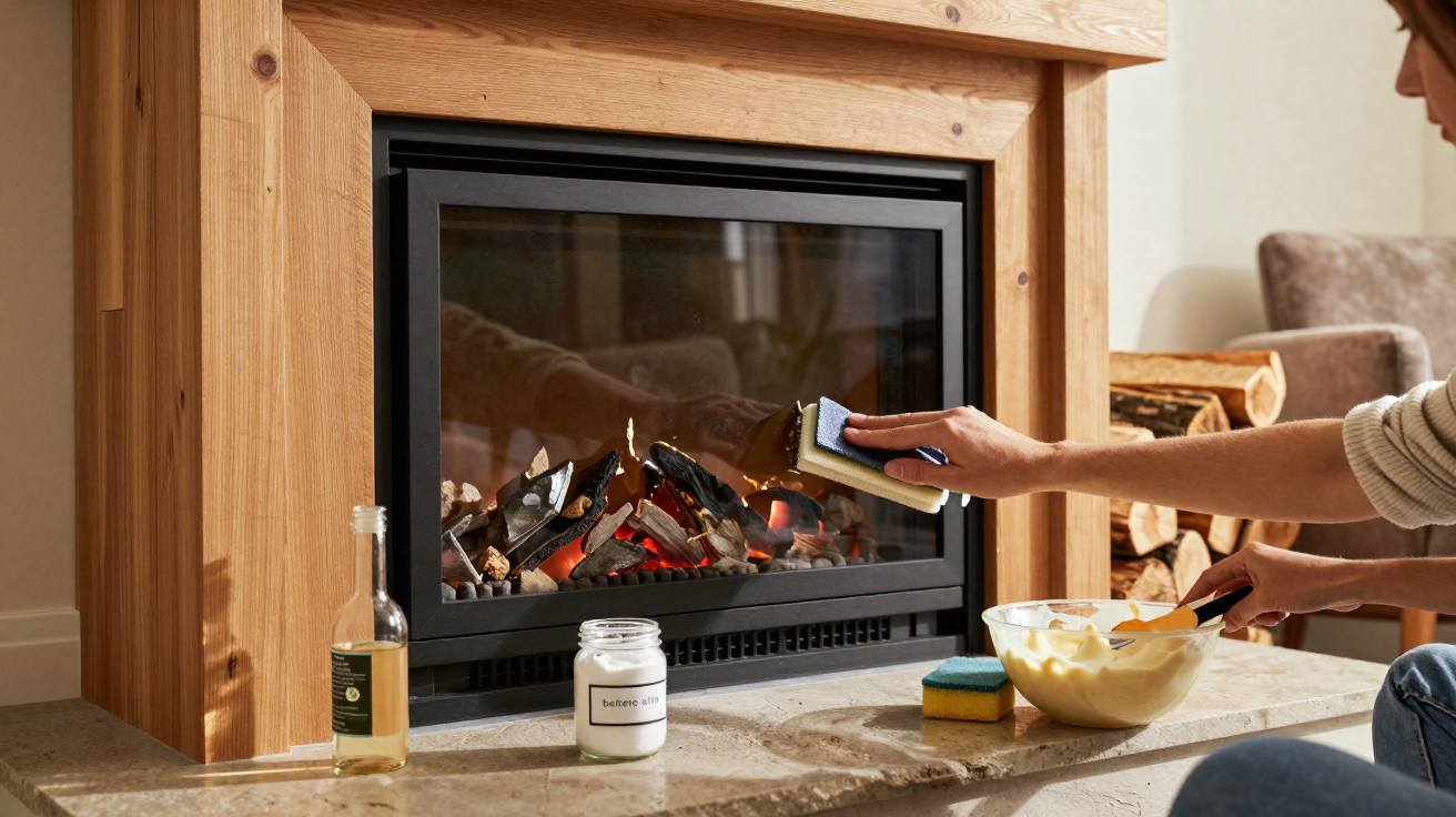 Person cleaning glass door of a modern wood fireplace with a sponge in a cosy living room.
