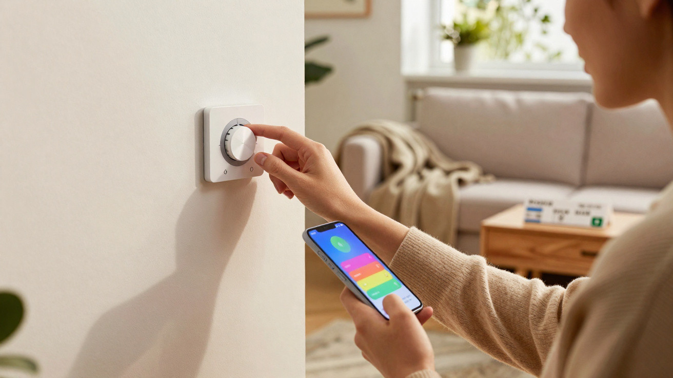 Person adjusting a wall thermostat dial while holding a smartphone with a smart home app in a living room.