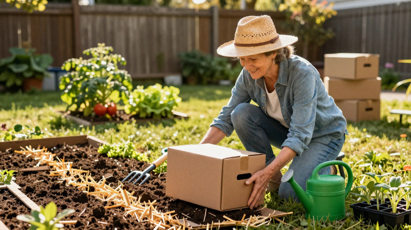 Older woman wearing a straw hat gardening in a backyard, kneeling beside a cardboard box and watering can.