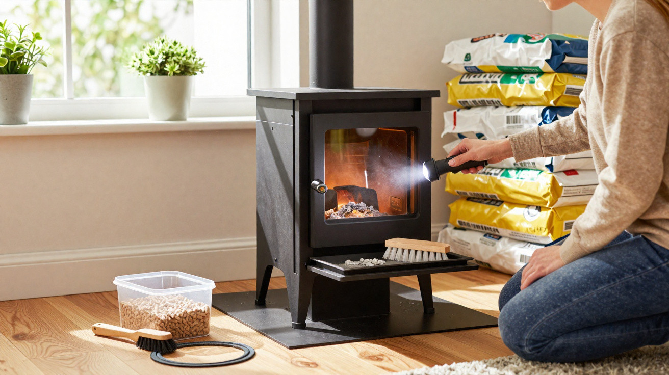 Person kneeling by a wood-burning stove, shining a flashlight inside with cleaning brushes nearby.