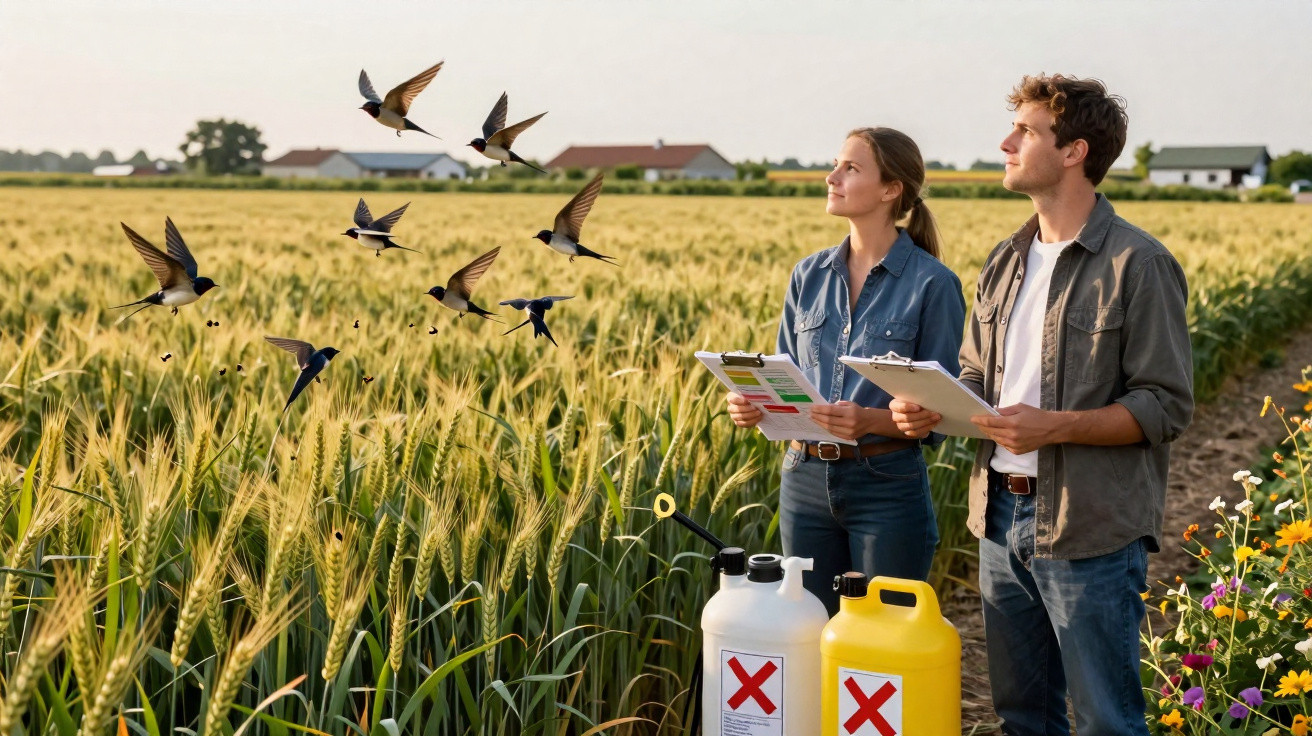 Two farmers with clipboards observe birds flying over a wheat field with pesticide containers nearby.
