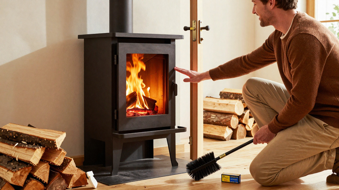 Man kneeling by a lit wood-burning stove, warming his hand with firewood stacked nearby indoors.