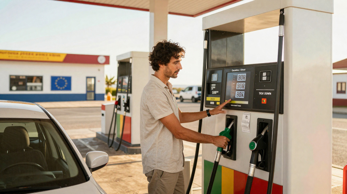 Man selecting fuel type at a petrol station while holding a petrol pump nozzle near a white car.