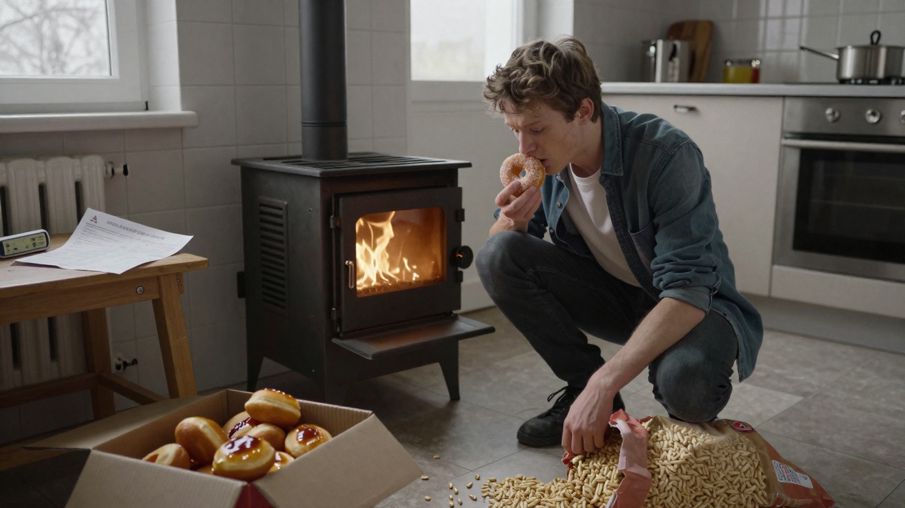 Man eating a doughnut next to a wood-burning stove with spilled pellets and a box of doughnuts nearby.