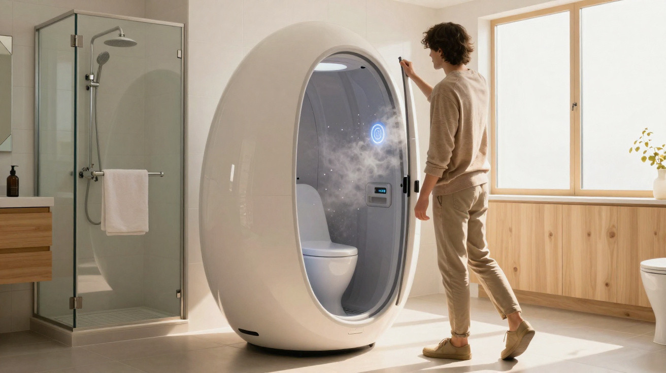 Person opening a futuristic egg-shaped smart toilet pod releasing steam in a modern bathroom with natural light.
