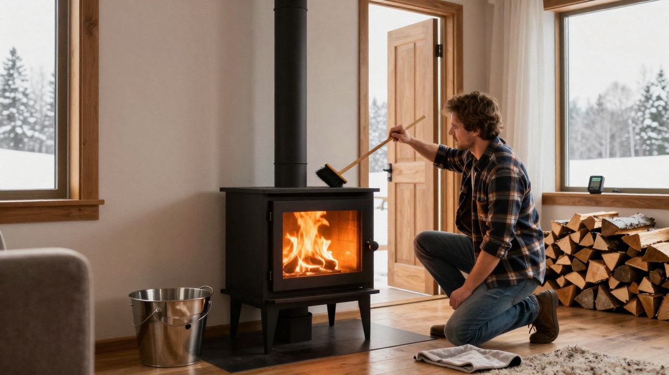 Man tending a burning wood stove in a cosy room with stacked firewood and snowy windows.