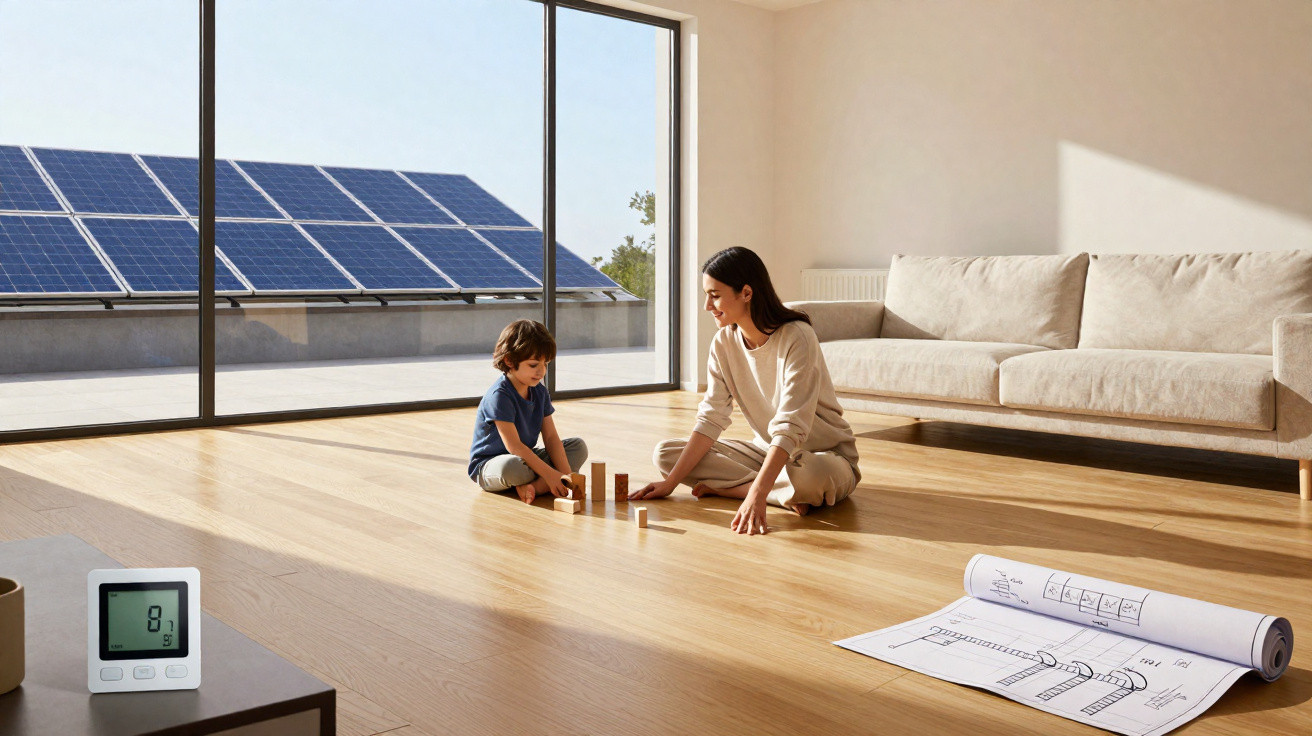 Woman and child playing blocks on a wooden floor near a large window with solar panels outside.