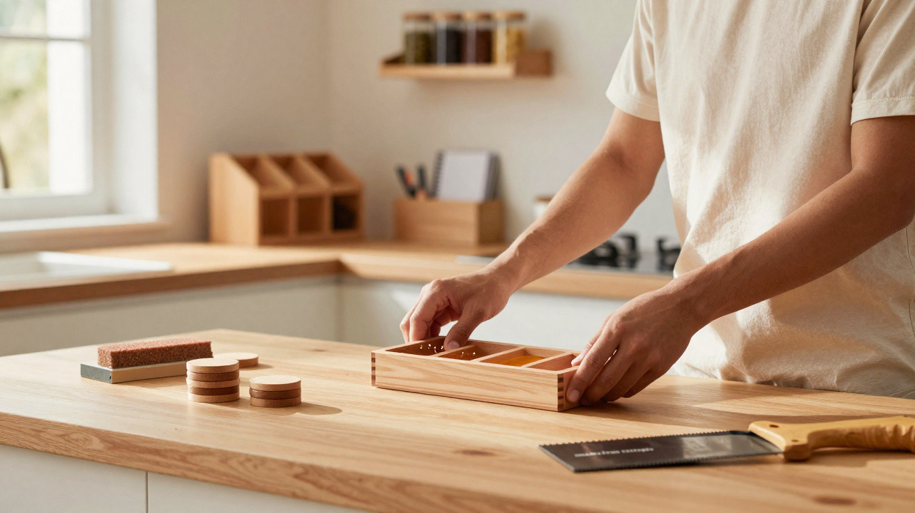 Person arranging small wooden boxes on a tidy kitchen countertop with a saw nearby and natural light.