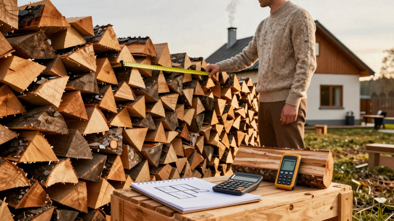 Person measuring a large stack of split firewood outside a house with tools on a wooden crate nearby.