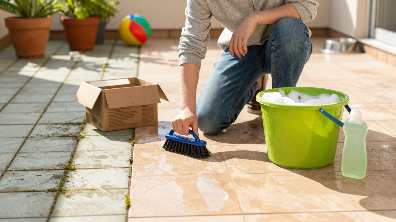 Person scrubbing tiled floor outdoors with blue brush, green bucket of soapy water and cardboard box nearby.