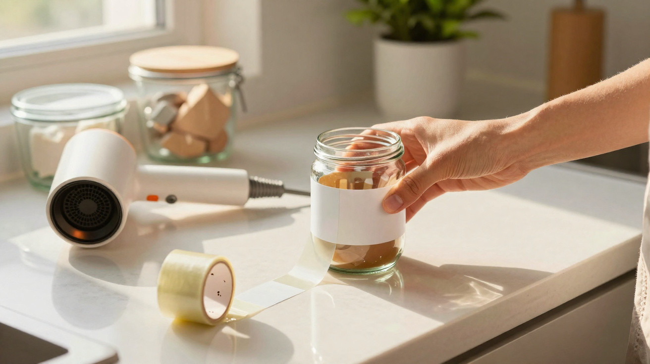Hand applying a white adhesive label to a glass jar on a kitchen countertop with a hairdryer nearby.