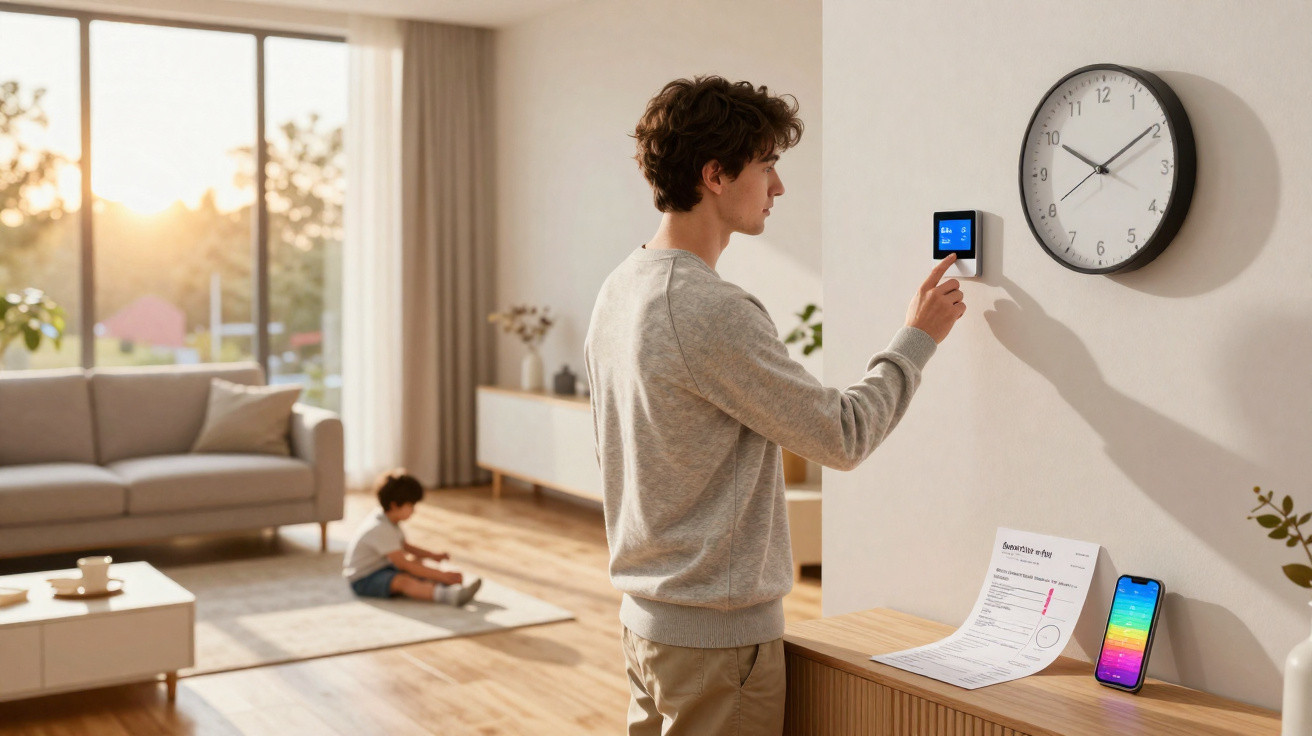Man adjusting a smart thermostat on a wall in a sunny living room with a child playing in the background.