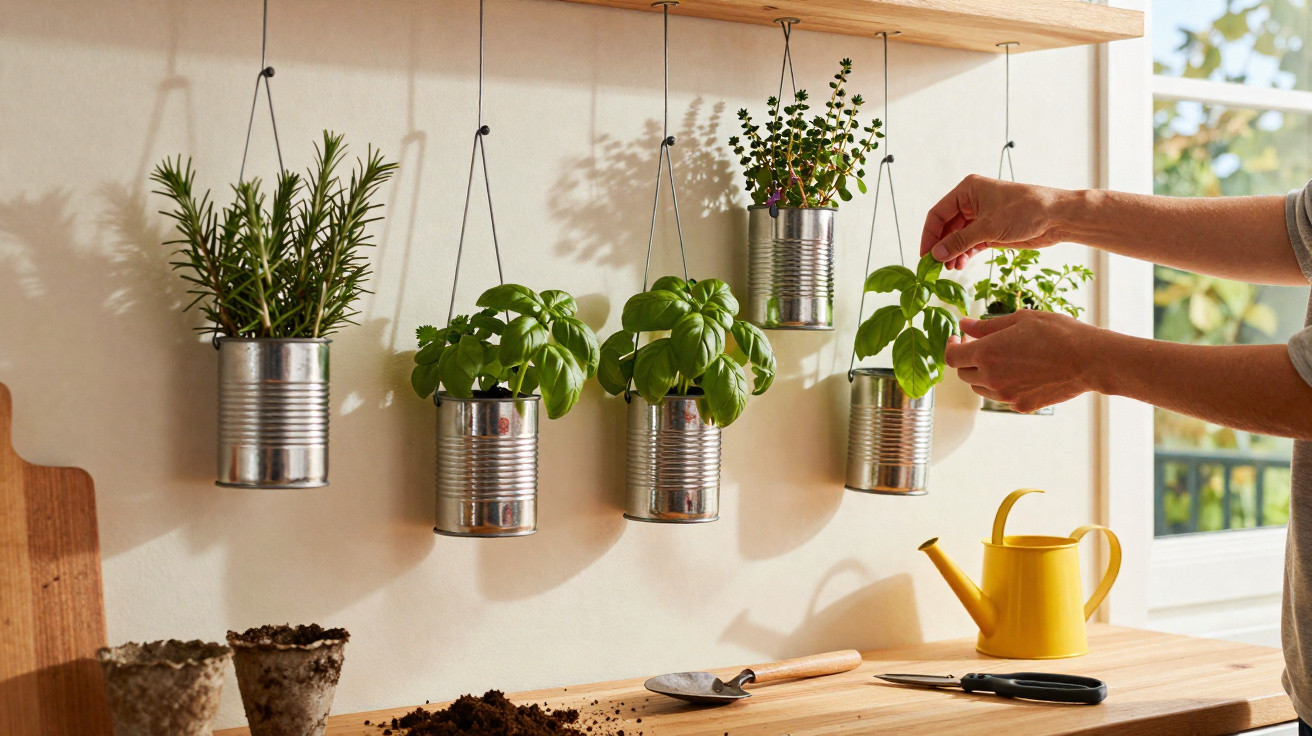 Hands tending hanging herb plants in recycled tin cans inside a bright gardening workspace.