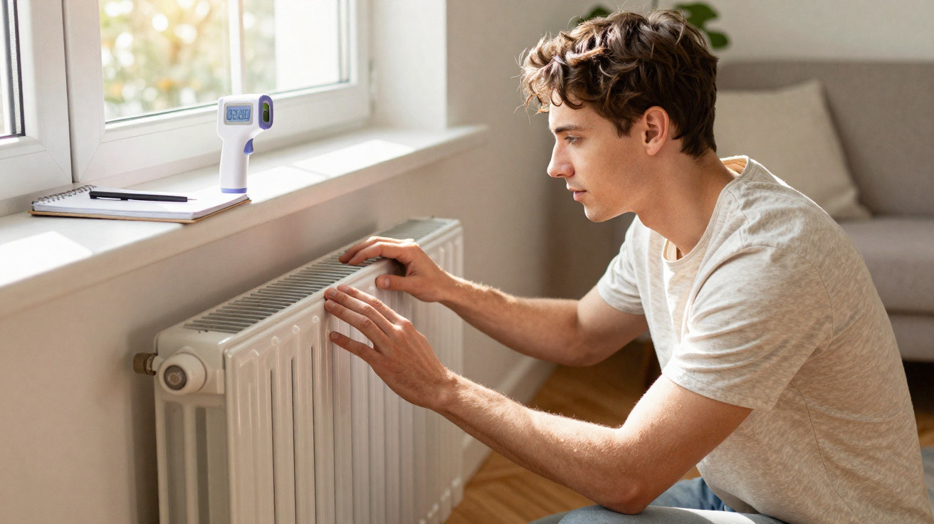 Young man checking a radiator with a digital thermometer resting on the windowsill beside him.