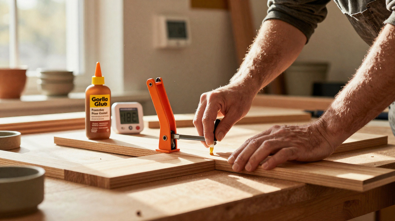 Person applying wood glue with clamp on wooden panels on a workbench in a workshop with sunlight.